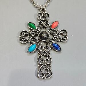 Avon ROMANESQUE CROSS Necklace Multicolor Faux Gems Silvertone Filigree 1972 Vtg